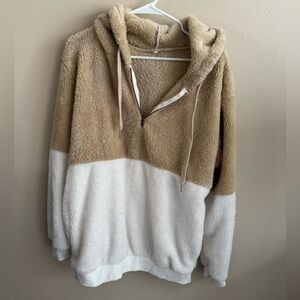 Cozy Teddy Tan and White Half-Zip Hoodie Colorblock